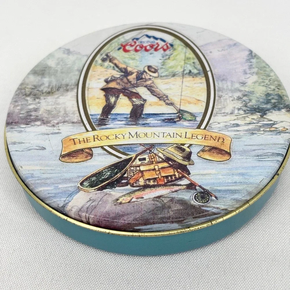 Vintage 1993 Coors Rocky Mountain Legend Series Coaster Set with Tin Fly Fishing